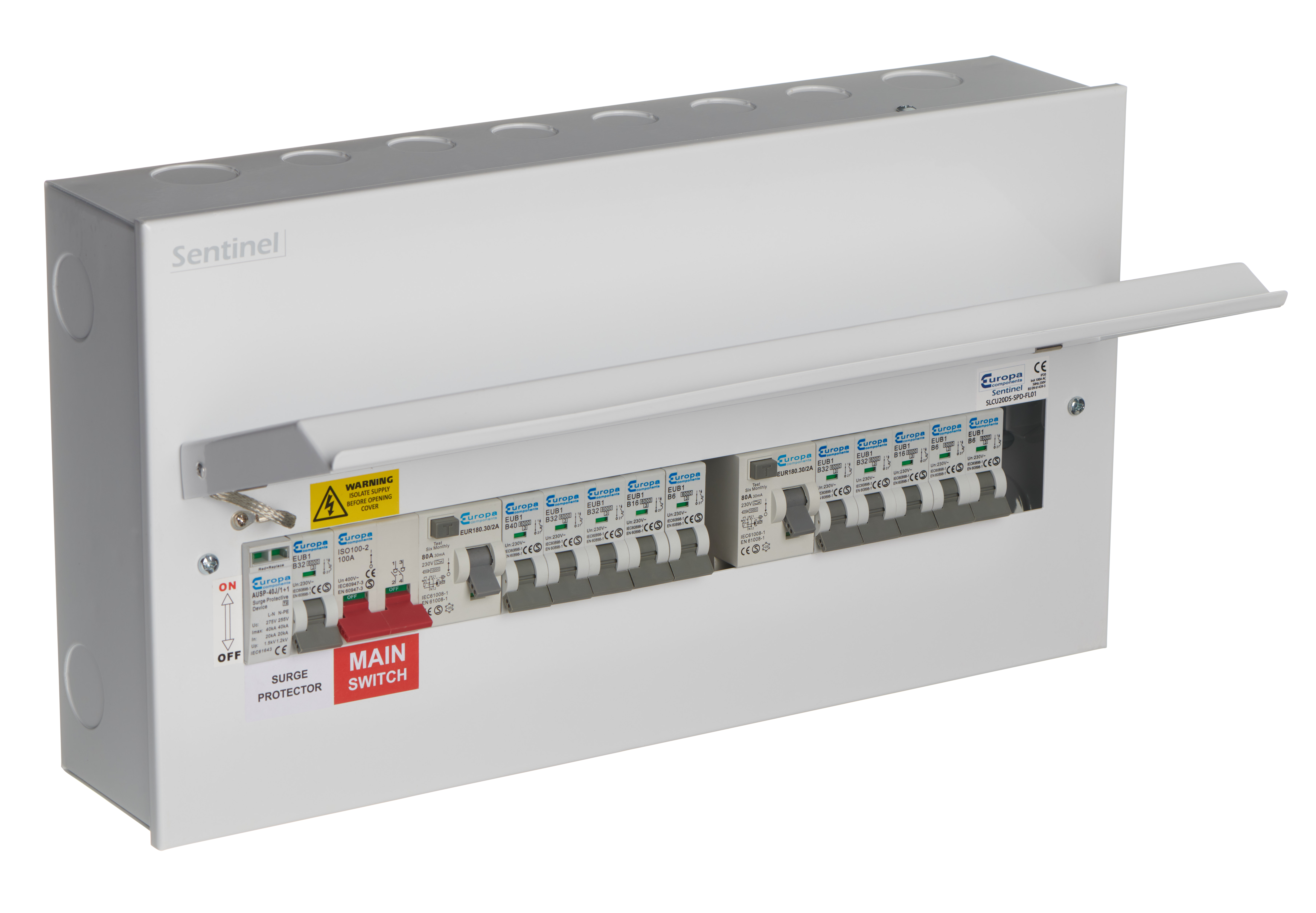 Europa Sentinel Consumer Unit Board with Mainswitch, RCD, MCB and earthed lid